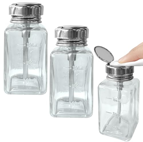 3 Stück 180 ml klare Pumpspender-Flasche, quadratische Glas-Nagellackentferner Push-Down-Spender-Flasche mit Metall-Flip-Deckel, Push-Down-Pumpspender-Pressbehälter für Make-up-Entferner
