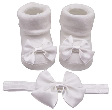2 Pcs Kindersocken + Stirnband Baby, Mädchen Taufschuhe Anti-Rutsch-Weiche Mädchen Babysocken Krabbelsocken Baby Bodensocken Mädchen Baumwollschuhe Elegant Haussocken Taufsocken