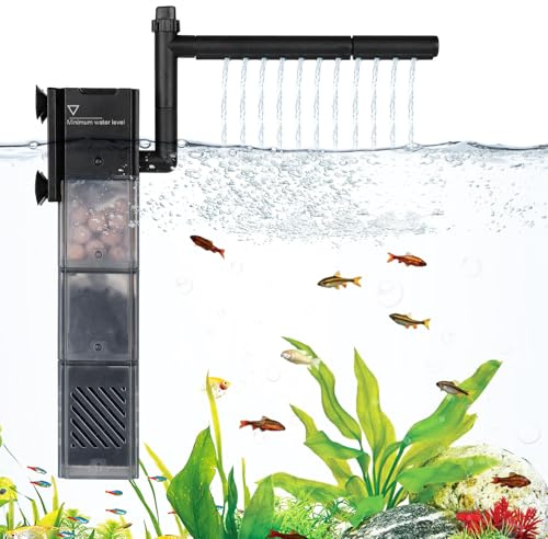 hygger Filtre d'aquarium silencieux 5 en 1 - Filtration en 3 étapes - Filtre interne d'aquarium avec aération et filtre submersible à débit réglable Rainfal pour aquarium de 50 à 100 litres (9 W)