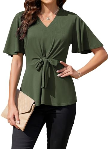ArtJuly Bluse Damen Sommer Wickelbluse Elegant Oberteile Glockenärmel V-Ausschnitt Kurzarm A-Linie Casual Shirts Business Tunika Tops Festliche Blusen Damenblusen mit Rüschen,Olivgrün,2XL