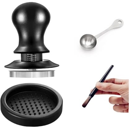 58mm Tamper, Espresso Coffee Tamper Set with Spring Load, Mat and Cleaning Brush, Stainless Steel Flat Base Espresso Press for Portafilter Coffee Machine Accessories Barista Tools