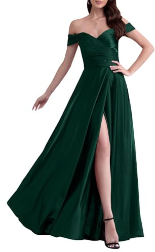 ECDAHICC Abito da damigella d'onore senza spalline per donna, in raso, con lungo spacco, elegante abito formale da sera, linea ad A, per matrimoni e feste, verde scuro, S