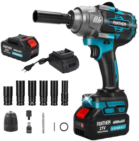 Akku Schlagschrauber 1000Nm Mit 4000mAh Batterien, 1/2 Zoll Bürstenloser Drehschlagschrauber Achlagschrauber Schraubenschlüssel mit Steckschlüssel Steckschlüsseladapter (1000N.m) (Mit 1x Akku)