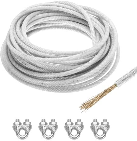 Sourcing Map 8mm (5/16 inch) Clear Vinyl Coated Galvanized Steel Wire Rope, 15m /49ft with 4PCS M8 Loop Sleeves for String Light Hanging, Deck Railing, Garden Wire