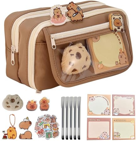 Capybara-Federmäppchen, Mehrschichtiges Federmäppchen mit Großem Fassungsvermögen, mit Capybara-Puppen-Schlüsselanhänger Broschen-Aufklebern, Abnehmbares 2-in-1-Federmäppchen mit Reißverschluss