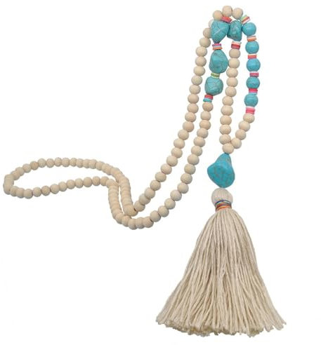 Wambere 2 Stück Damen Pullover Kette Halsschmuck Böhmische Halskette Holzperlen Pulloverkette mit Quasten Kleid Pullover Kettenhalskette Perlenanhänger Modekette Sweater Kette Modeschmuck,Beige