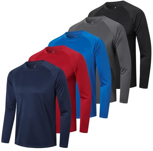 Cimic 5-pack sport långärmade tröjor herr t-shirts snabbtorkande för utomhus gym sportskjortor, Svart grå marinblå röd, S