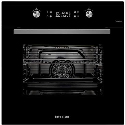 INFINITON Horno Pirolitico P709FB, 70 Litros, 9 Funciones, Defrost (descongelación), Grill, Puerta de cuádruple acristalamiento, A, Acabado CRYSTAL BLACK y ACERO INOXIDABLE