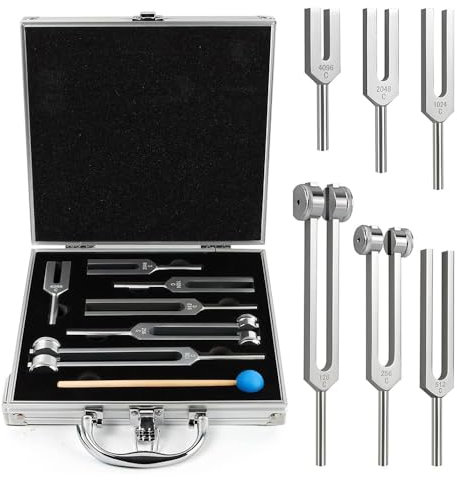 NEWFUN Stimmgabel,Stimmgabel Neurologie,6er Set (128 Hz, 256 Hz, 512 Hz,1024 Hz,2048 Hz,4096 Hz), für Klangtherapie Gewichtete Stimmgabel Geeignet für Meditation, Anti-Kompression
