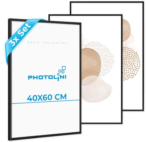 PHOTOLINI Bilderrahmen 40x60 Schwarz, Kunststoff 40x60 cm Bilderrahmen 3er Set mit bruchsicherem Acrylglas, Rahmen 60x40 zum Aufhängen mit Zubehör - Dokumentenrahmen für Urkunden, Zertifikate & Fotos