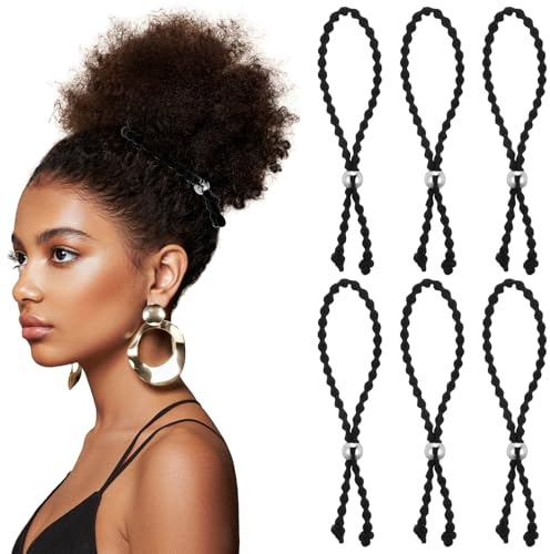6Pcs No-Slip Hair Ties for Natural Curly, Adjustable Afro Puff Cuff Drawstring Ponytail Holder, Black Elastic Scrunchies, Large Hair Bands for Women Thick Pineapple Kinky Braids