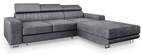 Masseno Ecksofa NOTO R-S mit Schlaffunktion L-Form, Sofa mit Bettkasten, Wohnzimmersofa, Couch, Soffa, Bettsofa, Couchgarnitur- Grau, Monolith 85