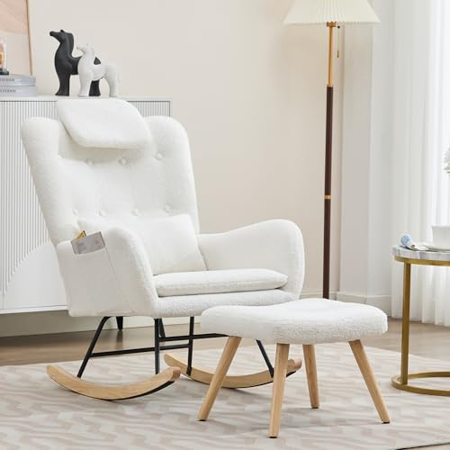 Merax Schaukelstuhl mit Hocker, Sessel Schaukelsessel mit Armlehnen, Relaxsessel aus Teddysamtstoff, Moderner Relaxstuhl, bis 100 kg belastbar, für Wohnzimmer und Schlafzimmer