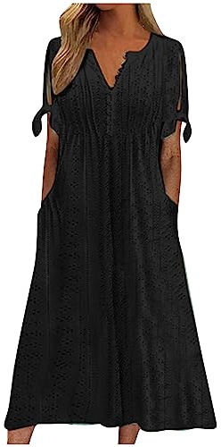 Kleid Damen Sommer Lang Elegant Sommerkleid mit Ärmeln Kurzarm Kleider Midi Sommerkleid Damen Leicht Midikleid A Linie Damenkleider mit Knopfleiste Strandkleid mit Taschen Locker Rundhals