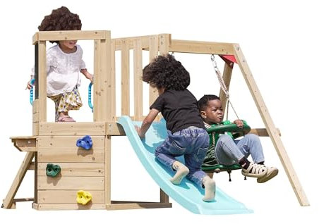 DOLPHIN PLAYGROUND T Schaukel-Set für Kleinkinder mit Schaukel-Sitz, Tafel, Rutsche, Kletterwand & Gartentisch – Outdoor-Spielgerät aus Zedernholz für Kinder von 18 Monaten bis 4 Jahren