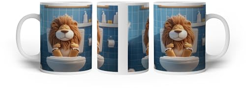 Tasse à motif Majestueux méditant – Lion dans un silence en peluche sur les toilettes 300 ml, en céramique blanche/tasse à café/idée cadeau