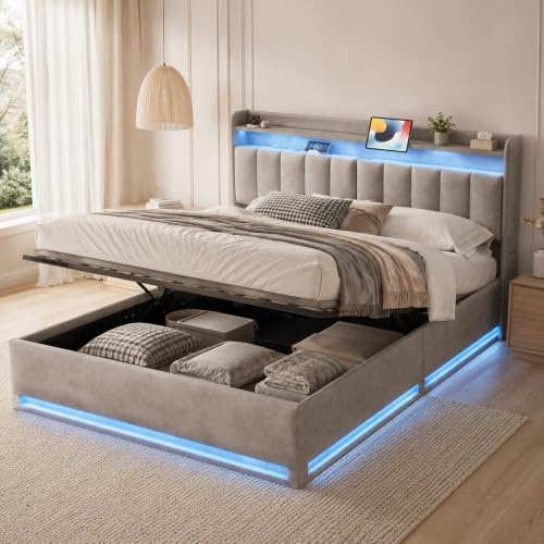 DULRLLY LED Bett mit Stauraum 160x200 mit USB＆Verstecktem Stauraumkopfteil | Polsterbett mit Bettkasten, Hydraulisch Stauraumbett mit Regal Jugendbett mit Stauraum und Lattenrost für Schlafzimmer, Samt
