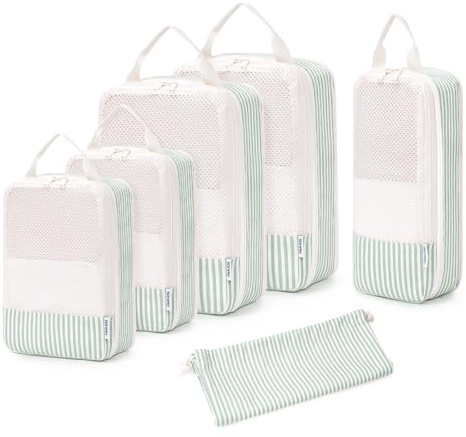 Narwey 6 set kompressionsförpackningskuber för ryggsäck och resväskor, randiga reseorganiserare, packväskor för handbagage rese nödvändigheter väska för kvinnor och flickor (mintgrön randig)