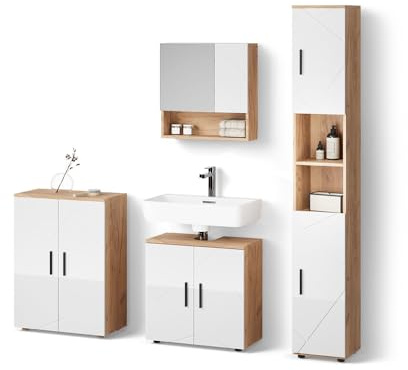 Livinity Badmöbel-Set Ronco Weiß Hochglanz/Goldkraft Eiche | 4 Teile, mit Hochschrank und Kommode