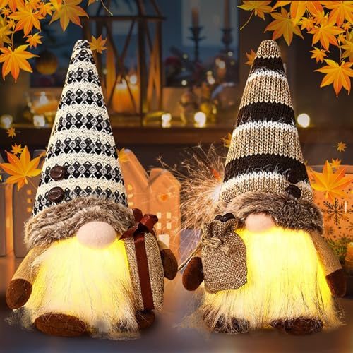 Kaffee Wichtel mit Licht, 2 Stück Herbstdeko Wichtel Figuren mit Beleuchtet, Sommer Herbst Deko Wichtel, Figuren Gesichtslose Puppe Plüsch für Bauernhaus,Haus,Garten,Tisch Dekoration,Erntedankfest