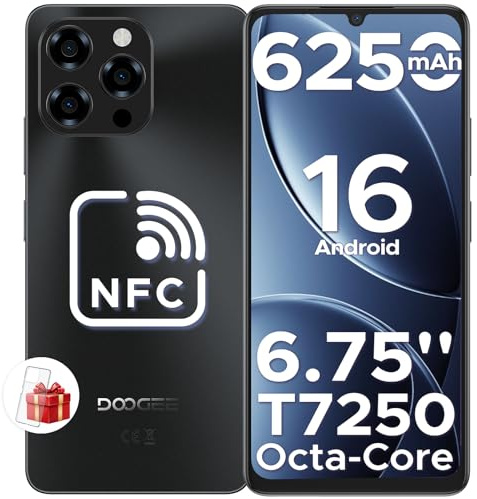 DOOGEE Note 58 Teléfono Movil Android 16, 6,75 HD+IPS 90Hz,T7250 Octa Core, 32GB(8+24) + 128GB, 6250mAh Batería, 16MP+8MP, Cuerpo de8,6mm Telefono, Face ID/NFC/OTG/GPS/Widevine L1/Doble SIM 4G Movil