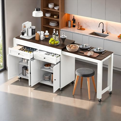 Wyibwy Mueble carro de cocina, isla de cocina extensible con encimera y cajones, isla de cocina móvil independiente, carrito de comedor con ruedas con divisores y puertas, para comedor (blanco + nogal