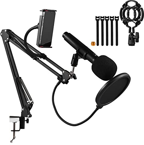 Walmeck Microphone ARM Stand Adjustable Desktop Bracket with MIC Shock Mount POP Filter WINDSCREEN Phone Holder