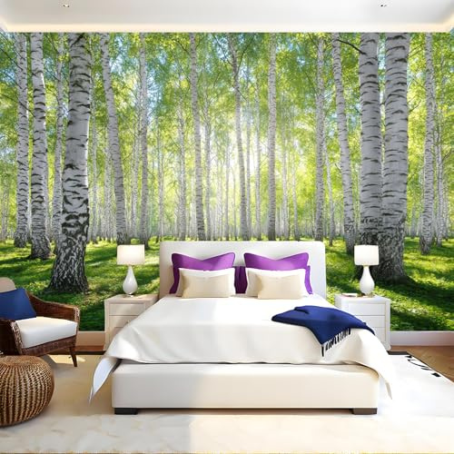 Verde Carta da parati foresta di betulle Fotomurali Murale 300x210 cm TNT Decorazione da Muro Poster Gigante Carta per Pareti Soggiorno Camera da Letto Sala TV Divano