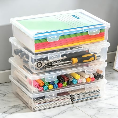ENUTROF Storage Box with Lid, Multi-Purpose Storage Box, 4 Pack, Rectangular A4 Paper Storage, Stackable with Lockable Lids (L/2200 ML-4 Pieces)