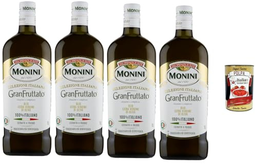 Monini GranFruttato Huile d’Olive Extra Vierge Italienne 4x 1L, Pressée à Froid, 100% Italienne, Goût Fruité Intense, Huile Premium pour Cuisine Méditerranéenne + Italian Gourmet Polpa