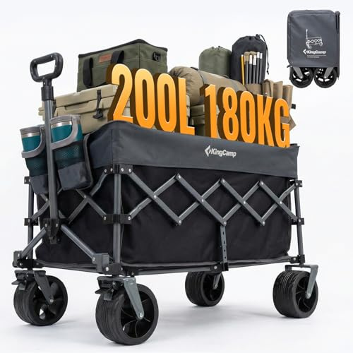 KingCamp 200L Faltbarer Bollerwagen mit 180kg Tragkraft & 7 in Breitreifen | Ultrakompaktes 4-Wege-Faltsystem, selbststehendem Griff für Strand, Camping, Shopping & Garten