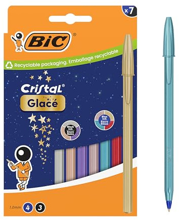 BIC Cristal Glacé Bolígrafos de Punta Media (1,00 mm) con Recambios de Tinta Recargables - 4 con Tinta Azul, 3 con Tinta Negra, Caja de 7