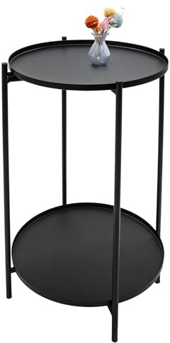 Spetebo Beistelltisch Metall schwarz rund 48 x 28 cm | 2 Ablagen, Klappbar, Abnehmbare Tablett Tischplatte, Multifunktional (Sofa, Couchtisch, Deko)