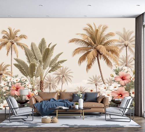 3D Papier Peint Panoramique Feuille de bananier, fleur d'hibiscus, palmier, Papier Peint Panoramique Murale Jungle tropicale pour Salon Chambre Chambre D'Enfant - Décoration Murale Photo 200x140cm