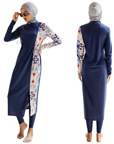 Generisch Burkini Maillot de bain musulman pour femme, costume musulman, pantalon conservateur à manches longues avec foulard, 3 pièces, surf de plage, grande taille, islamique, manches longues et