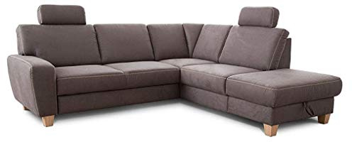 Cavadore Ecksofa Wisconsin mit Federkern / Sofagarnitur mit 2 Kopfstützen / Landhausstil / Holzfüße in Buche / Mikrofaser in Lederoptik / Größe: 248 x 88 x 215 cm (BxHxT) / Farbe: Grau