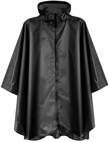 Anyoo Lätt vattentät regnponcho, återanvändbar, ripstop, ventilerande regnrock med huva för utomhusaktiviteter, en storlek, Svart, one size
