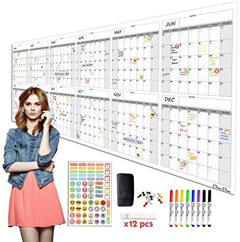 CLEVER CLEAN Großer, trocken abwischbarer Wandkalender – 91,4 x 243,8 cm, 12 Monate 2026, undatierter Jahreskalender für Zuhause, Büro, Schule, Projekte, Jumbo, wiederverwendbar, laminiert