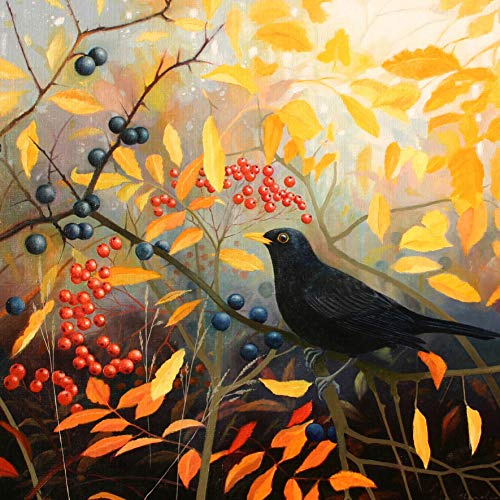 Bird and nature greeting card with envelope. Autumn Blackbird by Heather Blanchard