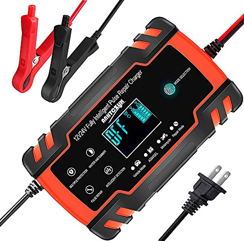FOXSUR Automatic Smart Battery Charger/Maintainer 12V/24V 8Amp Pulse Repair Charger with LCD Display for Golf Cart Motorcycle Car Marine Truck Yacht Mower, Auto-Voltage Detection, Touch Charging Mode