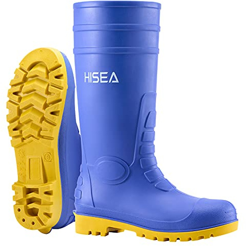 HISEA Men's Steel Toe Rubber Boots PVC Rain Boots,Garden Fishing Work Boots for Agriculture and Industrial Working Waterproof and Slip Resistant Knee Boots Size 10 Blue