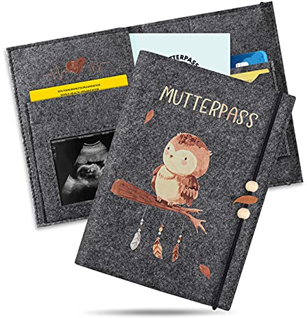 Marvelights Österreichische Mutterpasshülle aus Filz mit gestickten BabyfüßenSchützende Mutter-Kind-Pass (Dunkelgrau Eule, Mutterpasshülle Deutschland)