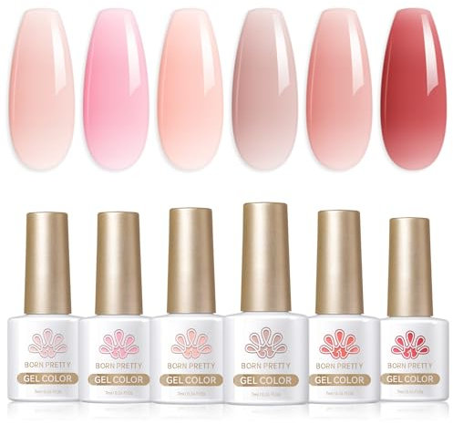BORN PRETTY Jelly Pink Gel Nail Polish Set, Sheer Nude Milky Pink Jelly Transparent Effect U V LED Gel Polish Varnish 6Pcs 7ML