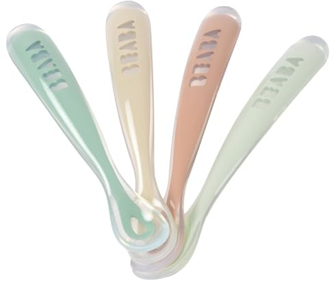 BÉABA Lote de 4 Cucharas de aprendizaje para Bebé y Niño, Silicona, Primera infancia, Suave, Punta redondeada, Mango ergonómico, Mineral Set