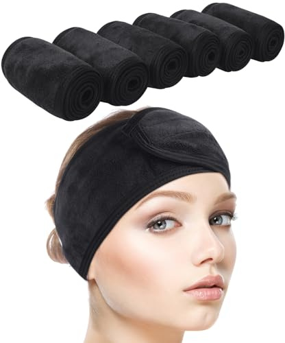 SINLAND 6 Stück Haarband für Make Up Kosmetik Stirnband Frottee Verstellbare Haarschutzband mit Klettverschluss für Gesicht Sport Yoga Spa Schwarz