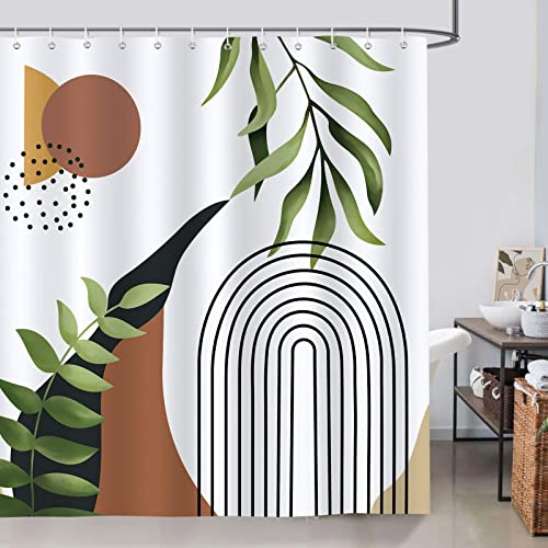 Bonhause Duschvorhang Grüne Blätter Boho-Bogen Sonne Moderne Abstrakt Duschvorhänge 180 x 180 cm Anti-Schimmel Wasserdicht Polyester Stoff Waschbar Bad Vorhäng für Badzimmer mit 12 Haken