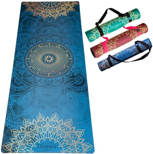 DIVASYA Premium nachhaltige Yogamatte rutschfest: Naturkautschuk rutschfest & saugstarke Mikrofaser-Oberfläche, großzügige Maße (183x68x0,5cm), Tragegurt & Fixierband, Yoga Matte
