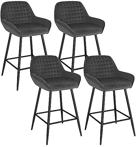 WOLTU Barhocker 4er Set Designer Barstuhl Polsterhocker mit Armlehnen Hocker Tresenhocker Bistrohocker mit Rückenlehne Fußstütze Samt dunkelgrau BH372dgr-4