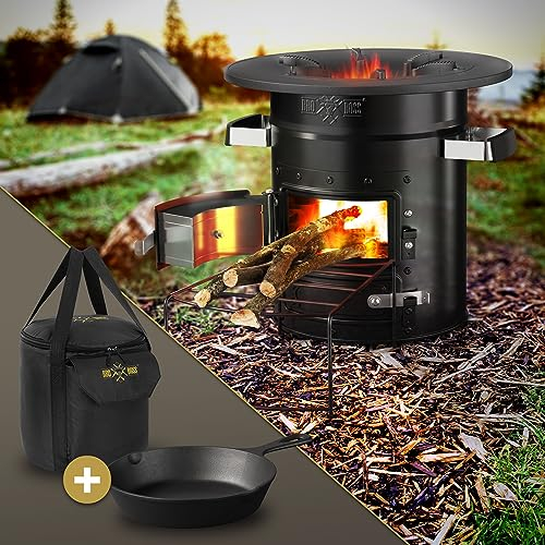 BBQ#BOSS Raketenofen mit Grillpfanne & Tragetasche, Schwarz, Campingkocher Holz mit Brennholzständer, Doppeltür, Camping BBQ Holzofen zum Kochen, Outdoor-Küche, Raketenherd für Dutch Oven Campinggrill