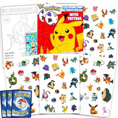 Pokemon Tattoos Party Favors Set - 70 Temporary Tattoos for Kids, Boys, Girls Plus Trading Cards, More | Pokemon Party Supplies Pack